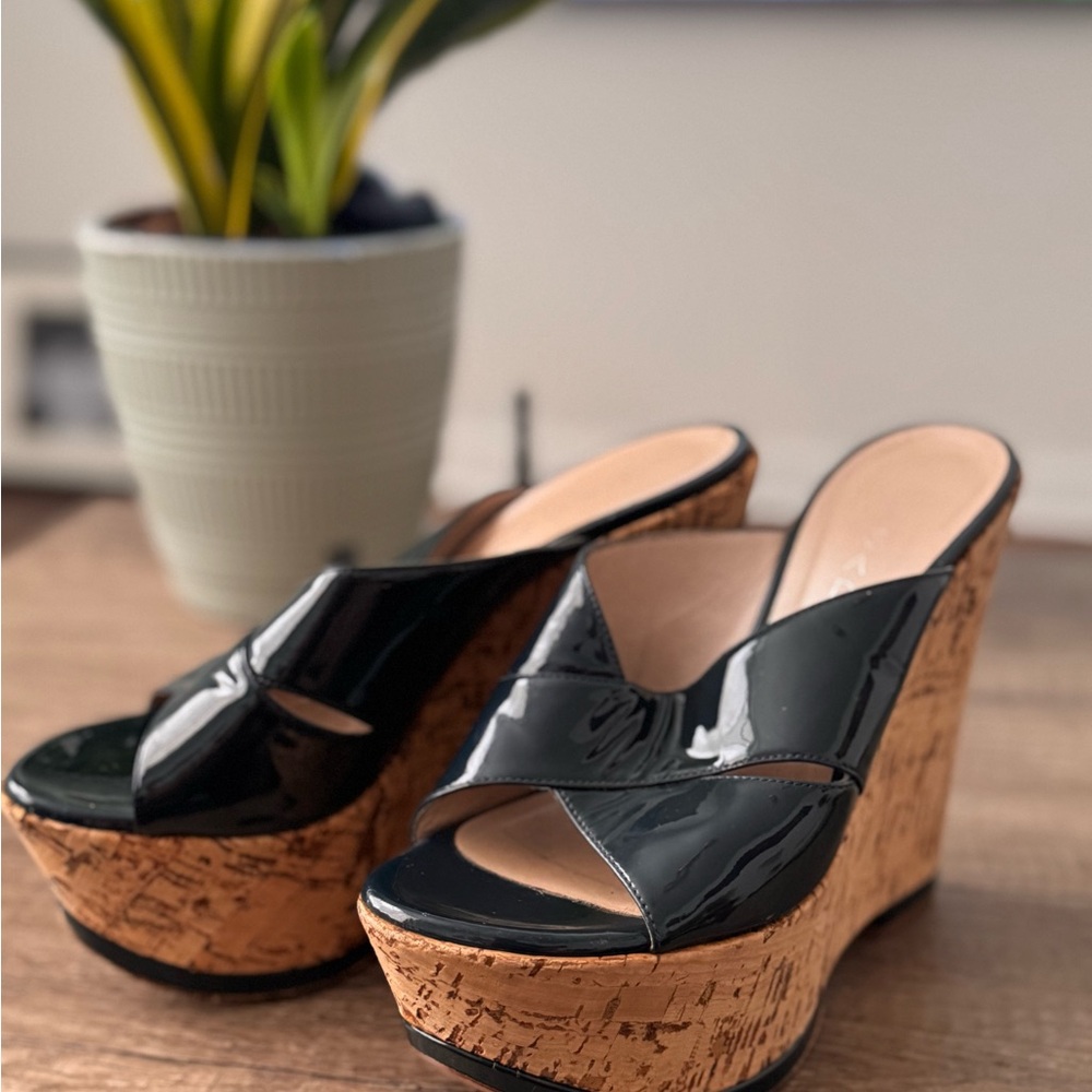 Casadei Blue Patent Leather Cork Wedge Sandals Size 7 US